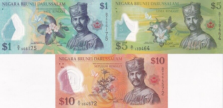 Brunei Set 3 Pcs 1 5 10 Ringgit 2011 P 35 P 36 P 37 Polymer UNC
