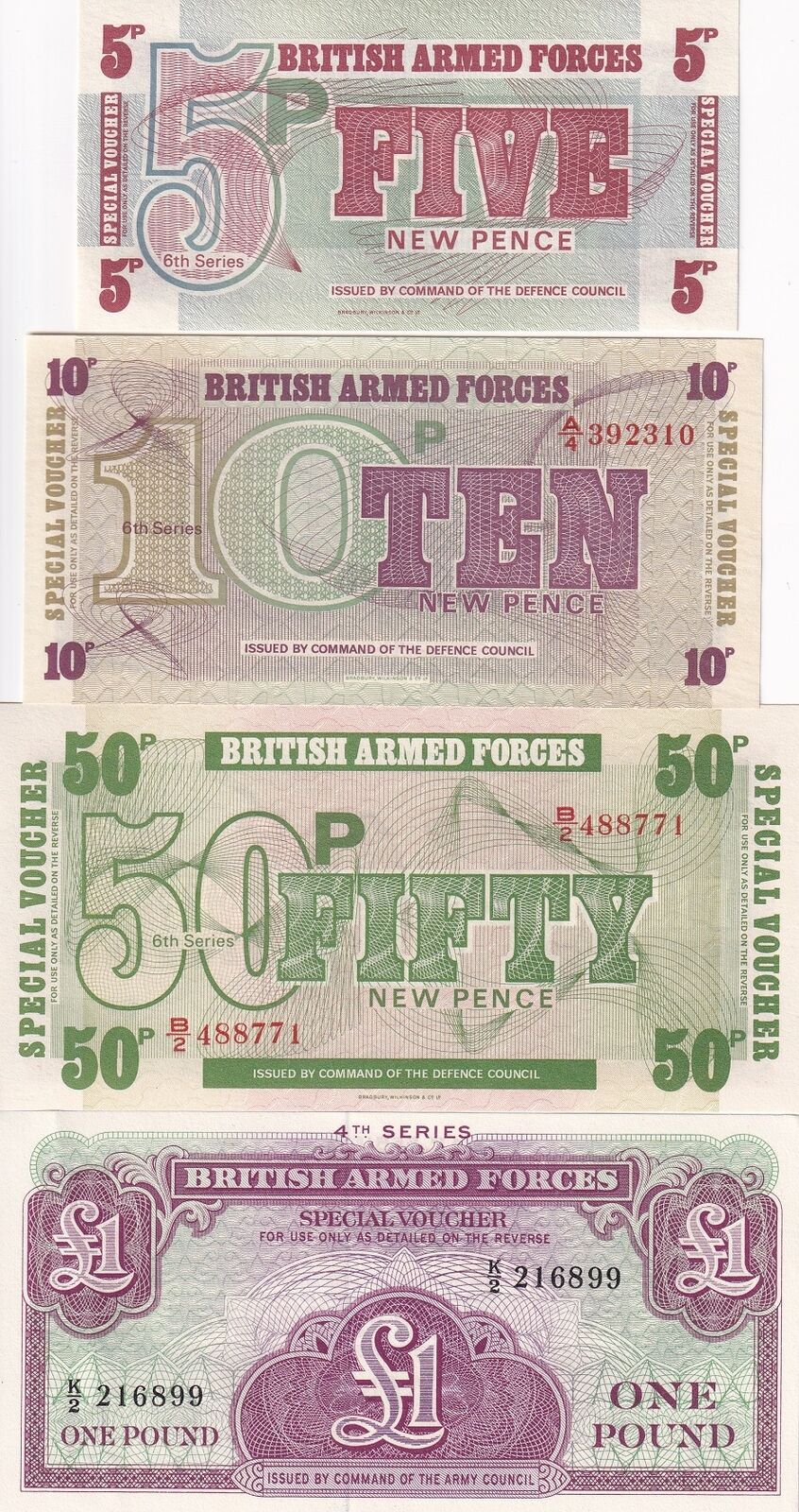 Great Britain Armed Forces Set 4 PCS 1 5 10 50 Pound P M36 M47 M48 M 49 UNC
