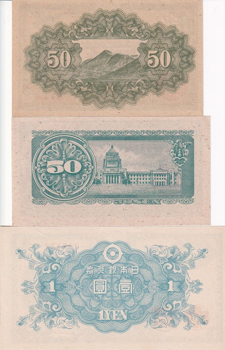 Japan Set 3 PCS 50 50 Sen 1 Yen 1942-1948 P 60 61 85 UNC