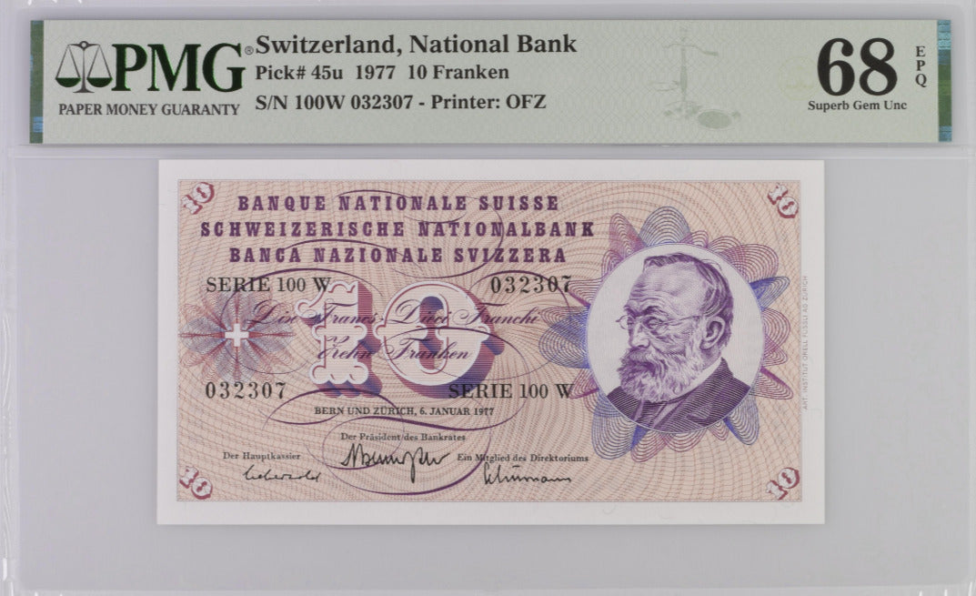 Switzerland 10 Franken 1977 P 45 u Superb Gem UNC PMG 68 EPQ
