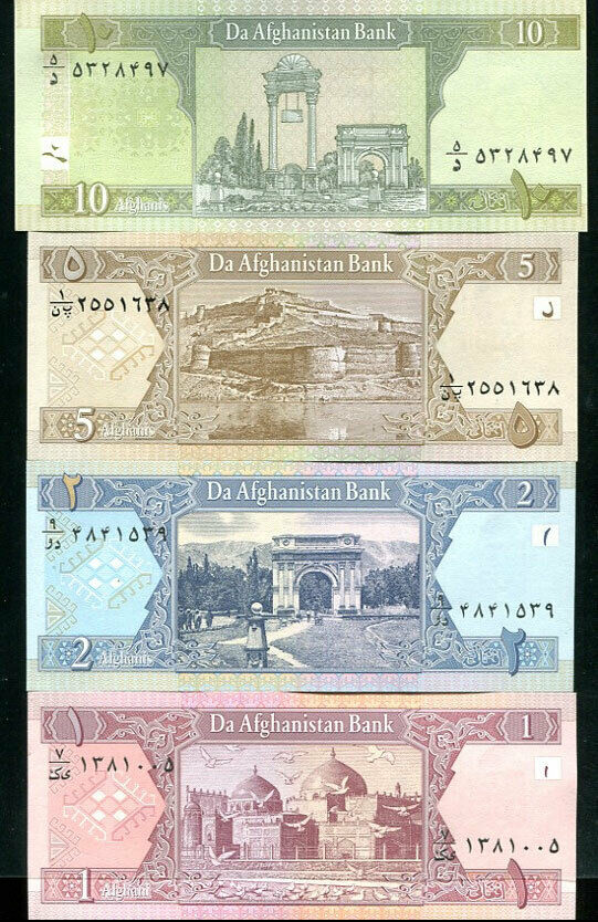 AFGHANISTAN SET 4 PCS 1 2 5 10 AFGHANIS RANDOM DATES & SIGNS P 64 65 66 67 UNC
