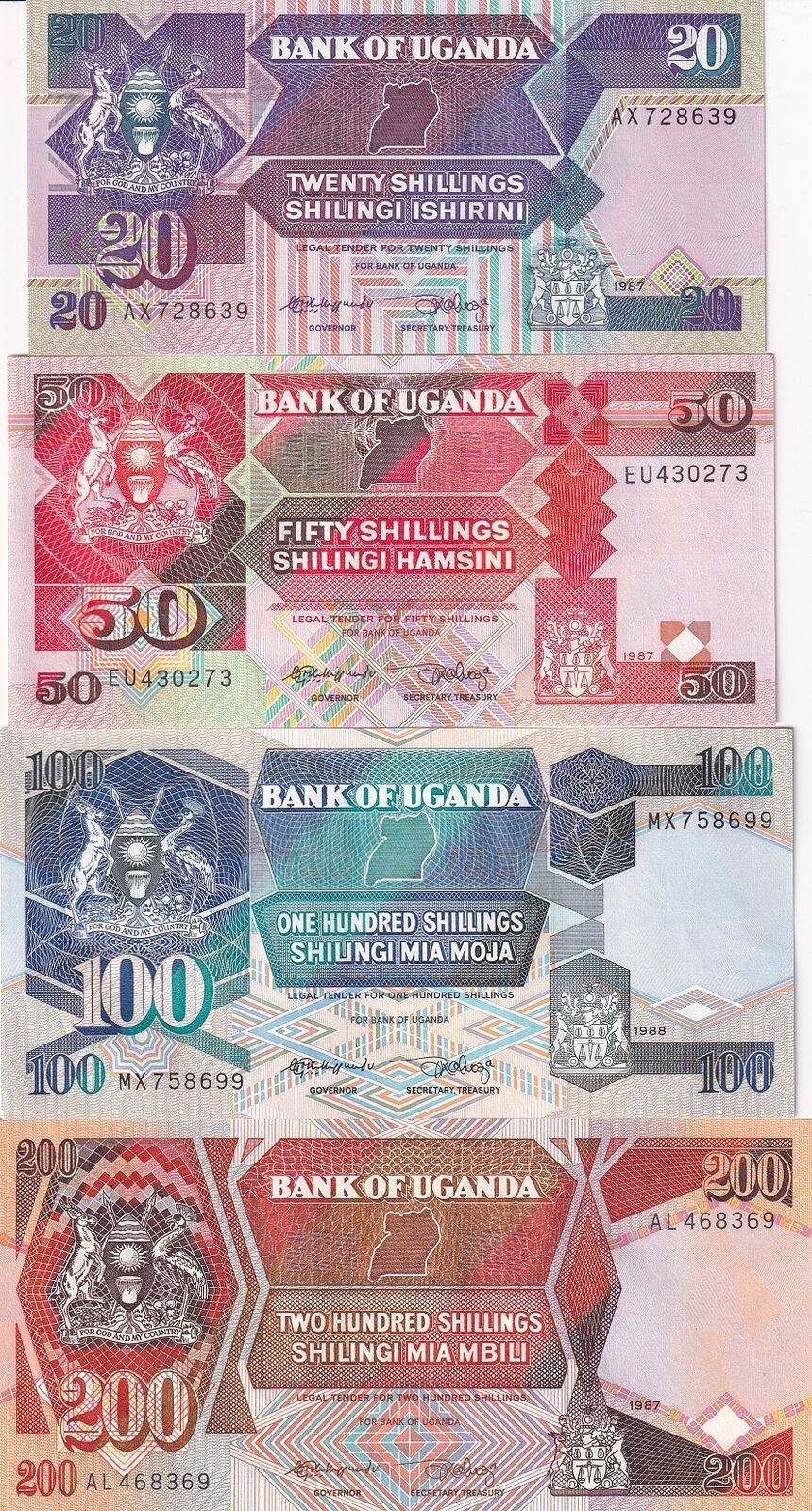 Uganda Set 4 PCS 20 50 100 200 Shillings 1987-1988 P 29 P 30 P 31 P 32 UNC
