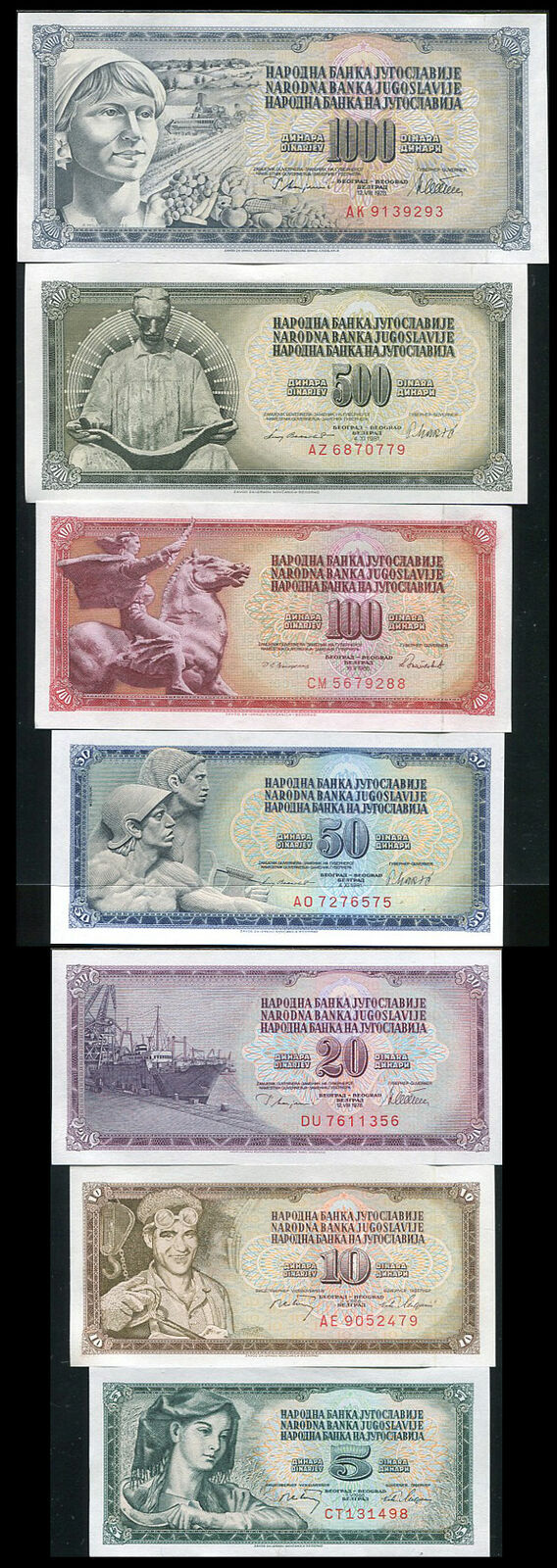 Yugoslavia Set 7 Pcs 5 10 20 50 100 500 1000 DINARA RANDOM DATES AUnc