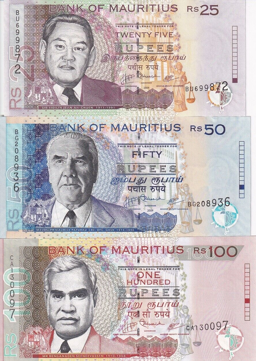 Mauritius Set 3 PCS 25 50 100 Rupees 2009 P 49 P 50 P 56 UNC