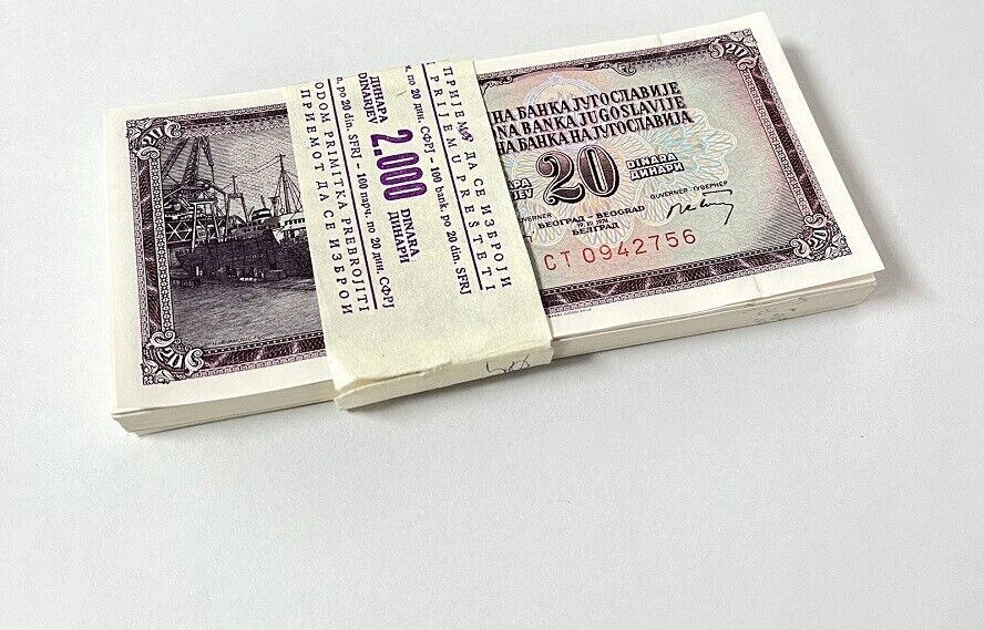 Yugoslavia 20 Dinara 1974 P 85 7-DIGIT S/N UNC LOT 100 PCS 1 Bundle