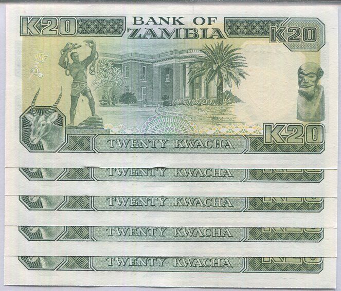Zambia 20 Kwacha 1989/1991 P 32 b UNC LOT 5 PCS