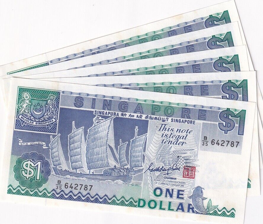 Singapore 1 Dollar 1987 P 18 UNC LOT 5 PCS Yellow Foxing