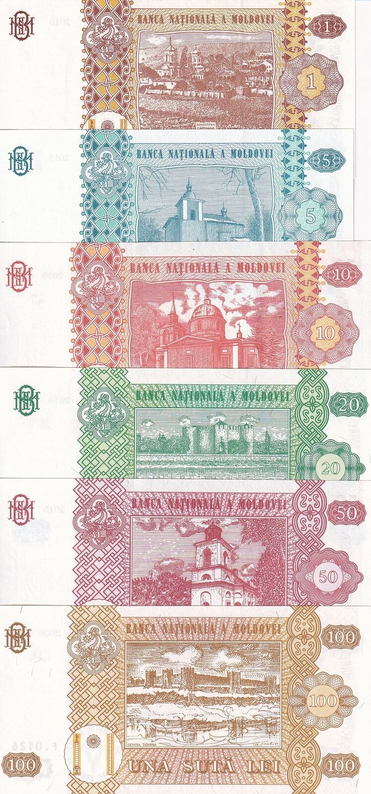 Moldova Set 6 Pcs 1 5 10 20 50 100 Lei 2008-2015 P 13 15 21 22 24 UNC