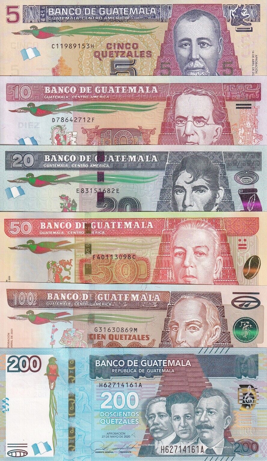 Guatemala Set 6 Pcs 5 10 20 50 100 200 Quetzales 2020-2021 P W122A - NEW UNC
