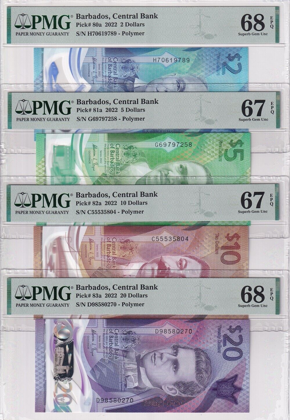 Barbados Set 4; 2 5 10 20 Dollars 2022 P 80-P 83 Superb Gem UNC PMG 67 68 EPQ