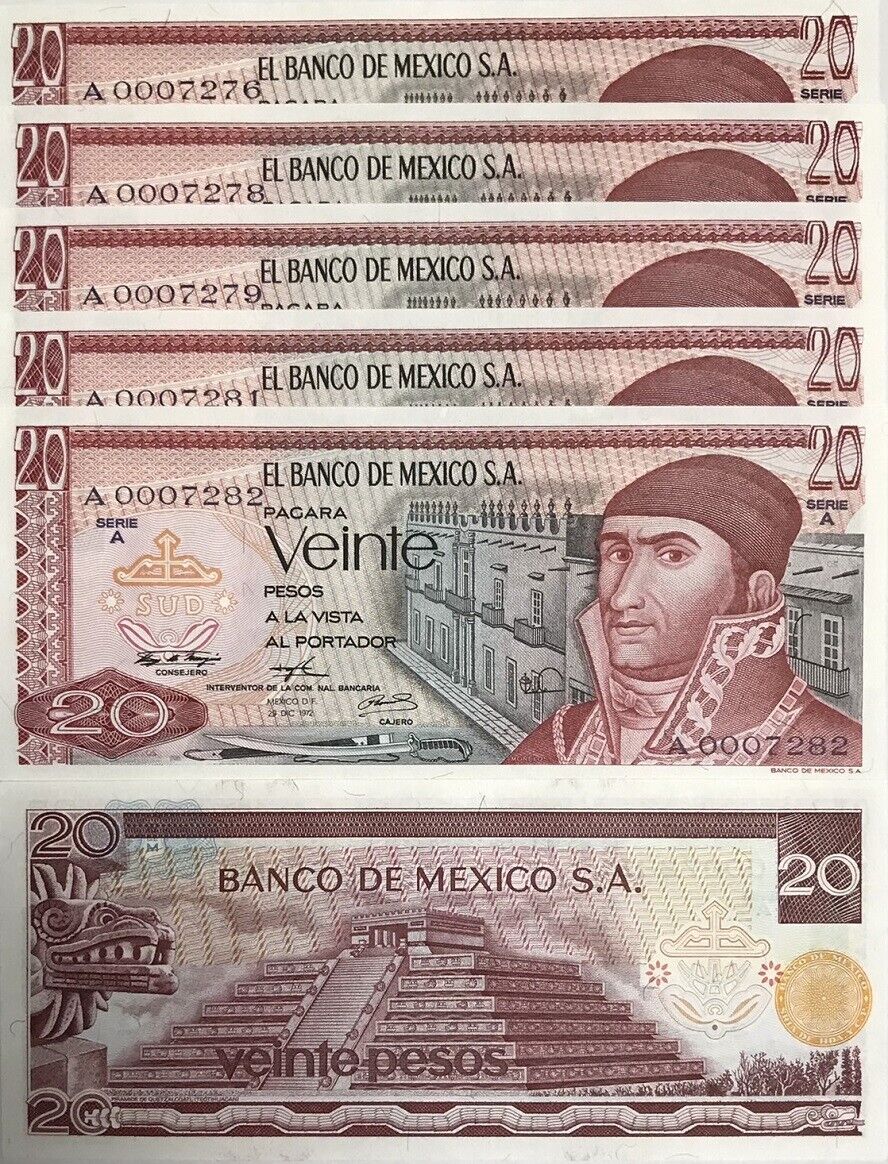Mexico 20 Pesos 1972 Series A P 64 a UNC LOT 5 PCS