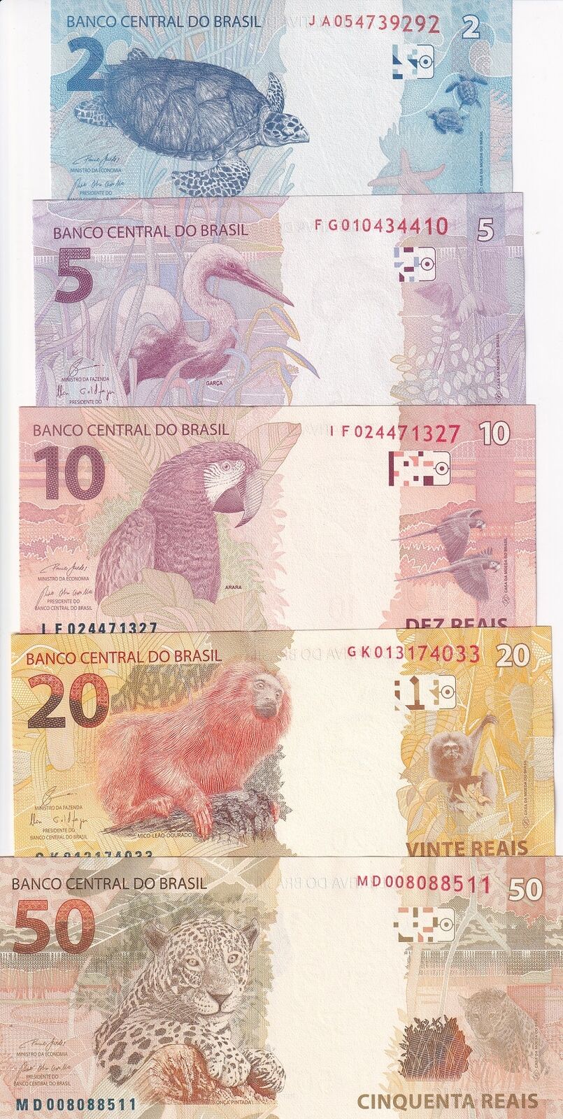 Brazil Set 5 Pcs 2 5 10 20 50 Reai 2010-2023 P 252 P 253 254 255 P 256 UNC