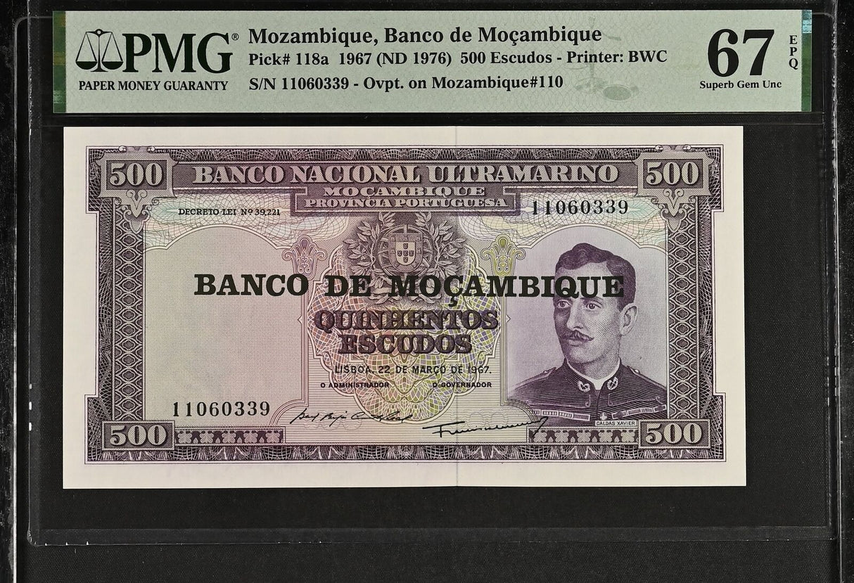 Mozambique 500 Escudos 1967 ND 1976 P 118 a Superb Gem UNC PMG 67 EPQ