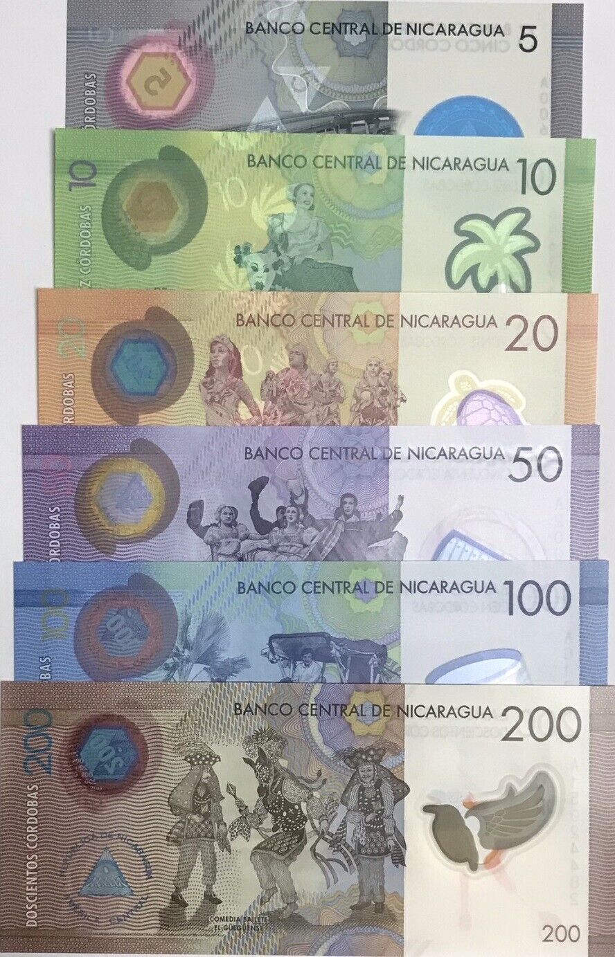 Nicaragua Set 6 UNC 5 10 20 50 100 200 Cordobas 2014-2021 Polymer P 209 -219 UNC