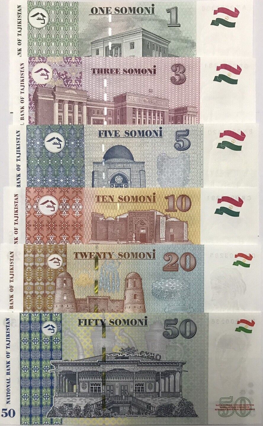 Tajikistan Set 6 Pcs 1 3 5 10 20 50 SOM Random Year P 14A - 26 UNC