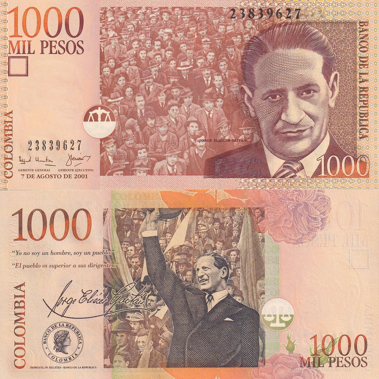 COLOMBIA 1000 PESOS 2001 P 450 a UNC LOT 5 PCS