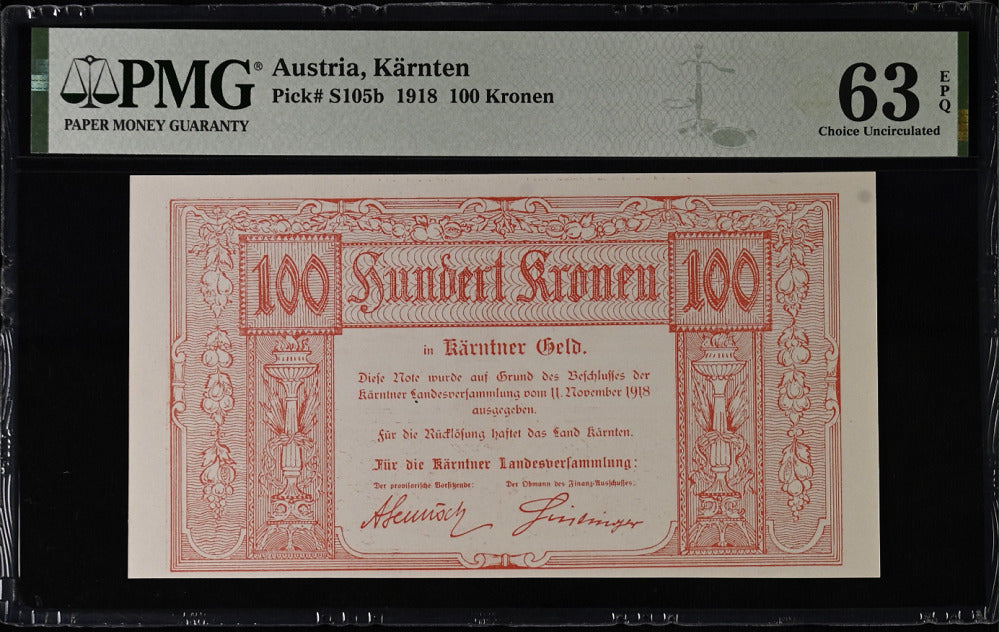 Austria 100 Kronen 1918 P 105 b Choice UNC PMG 63 EPQ
