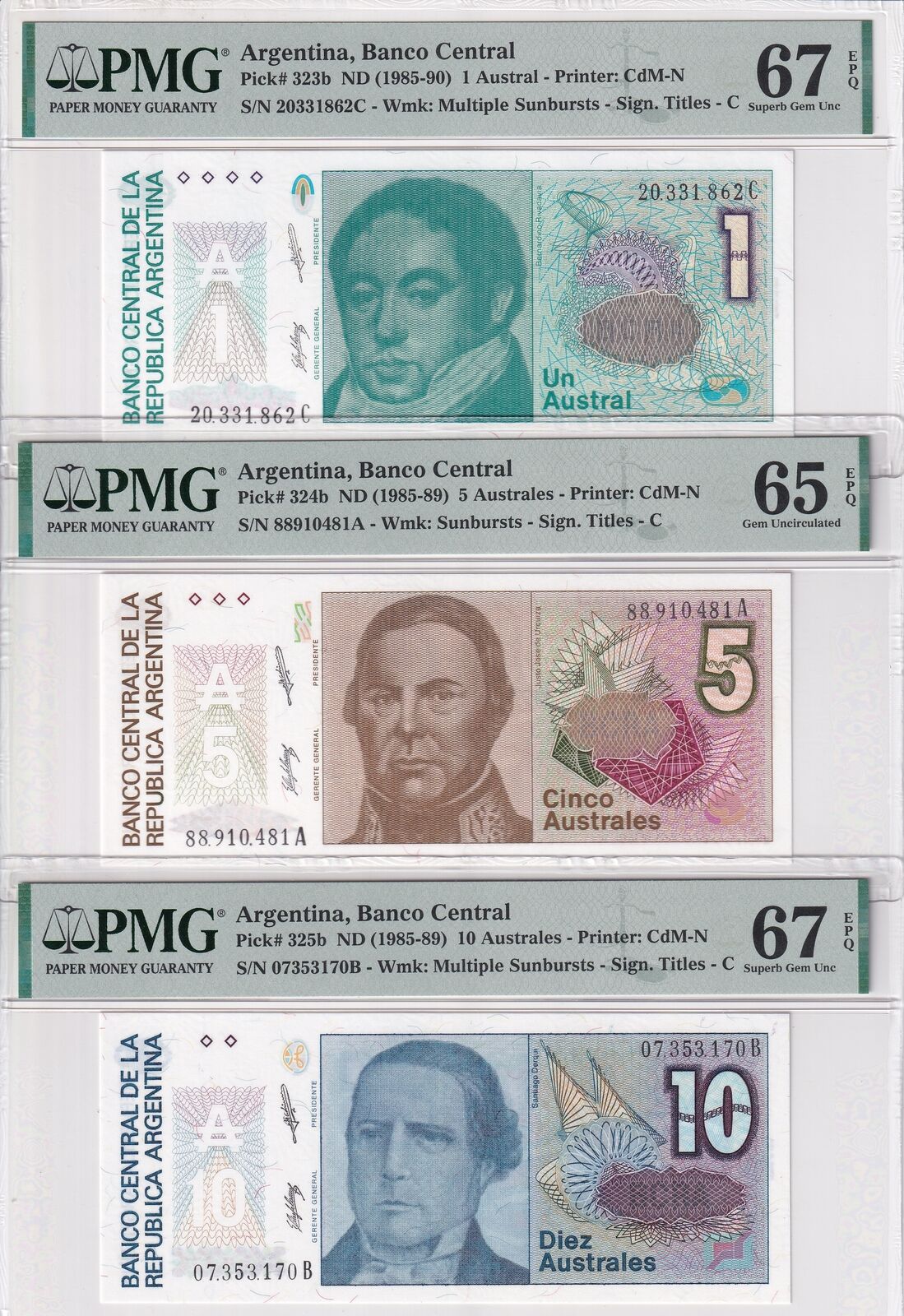 Argentina Set 5; 1-10 50 100 Aus ND 1985 P323-P327 Superb Gem UNC PMG 65-67 EPQ