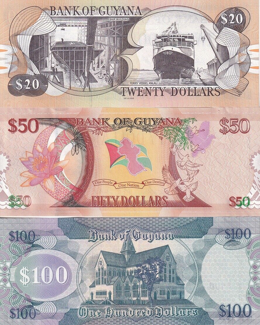 Guyana Set 3 UNC 20 50 100 Dollars 2016-2022 P 30 36 41