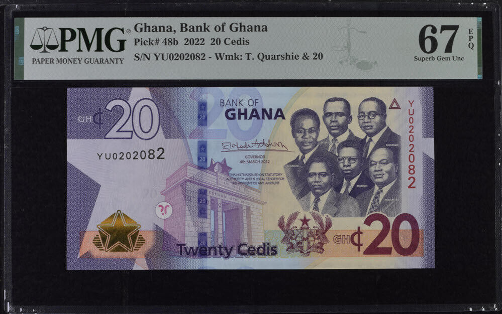Ghana 20 Cedis 2022 P 48 b Superb Gem UNC PMG 67 EPQ