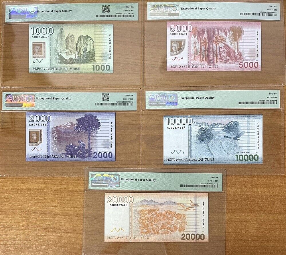 Chile Set 5; 1000-5000 10K 20K Pesos 2016-2021 P 161- P 165 Gem UNC PMG 66 EPQ