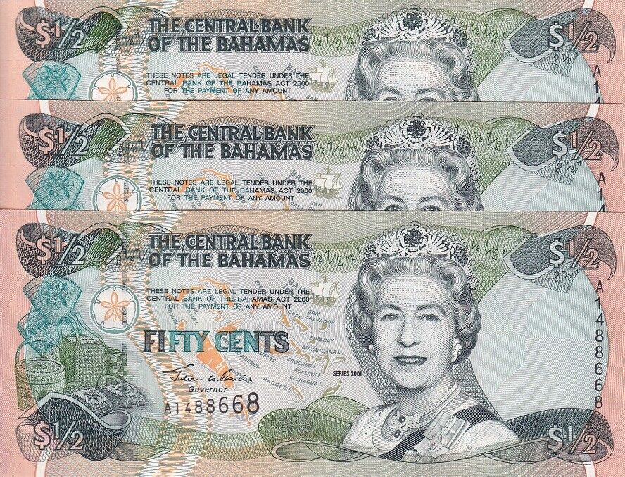 Bahamas 1/2 Dollars 2001 P 68 UNC LOT 3 PCS