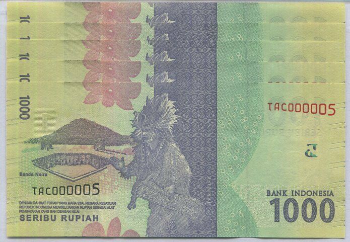 INDONESIA 1000 RUPIAH 2016 /2018 P 154 Low 2 Digit Number 0000XX UNC Lot 5 PCS