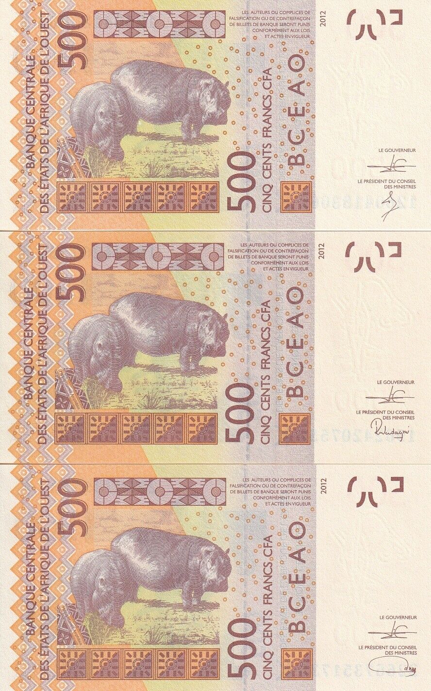 West African States Senegal Set 3 Pcs 500 2012 2019 2022 P 719Ka 719K UNC