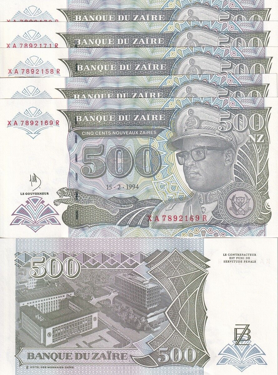Zaire 500 Zaires 1994 P 64A UNC (X) LOT 5 PCS