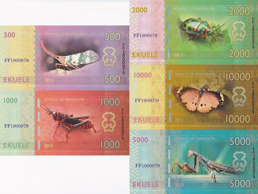 ANNOBON SET 5 500 1000 2000 -10000 Ekuele 2013 Insect Butterfly Fantasy POLYMER
