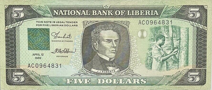 LIBERIA 5 DOLLARS 1989 P 19 XF