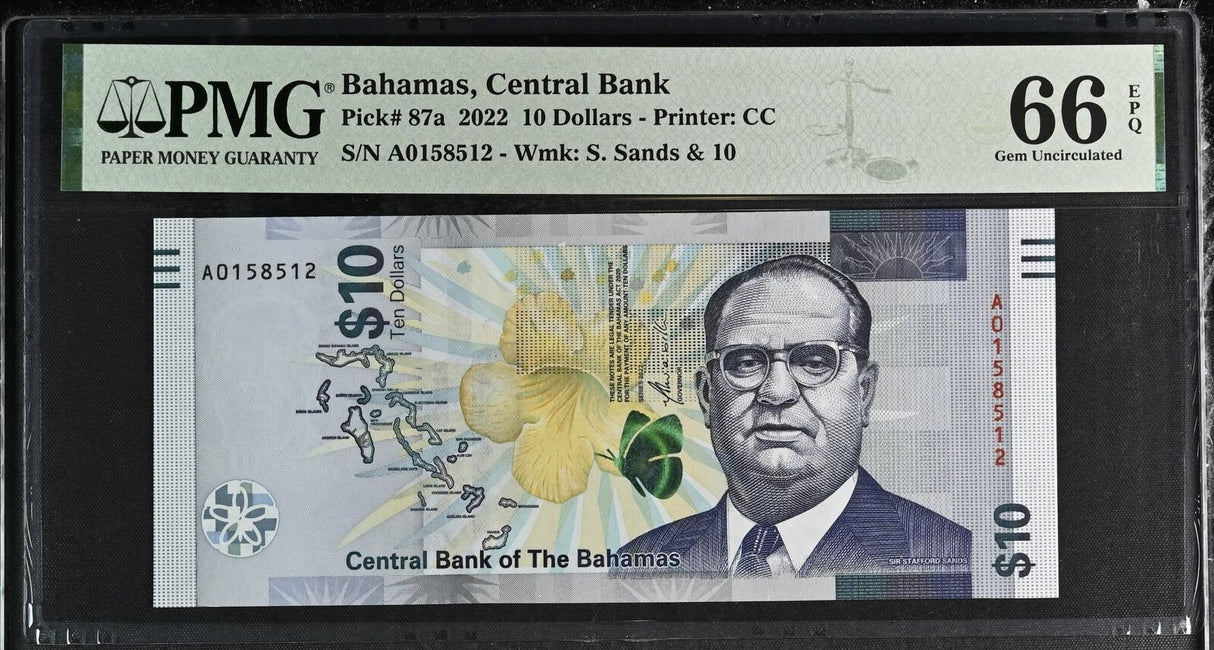 Bahamas 10 Dollars 2022 P 87 a Gem UNC PMG 66 EPQ