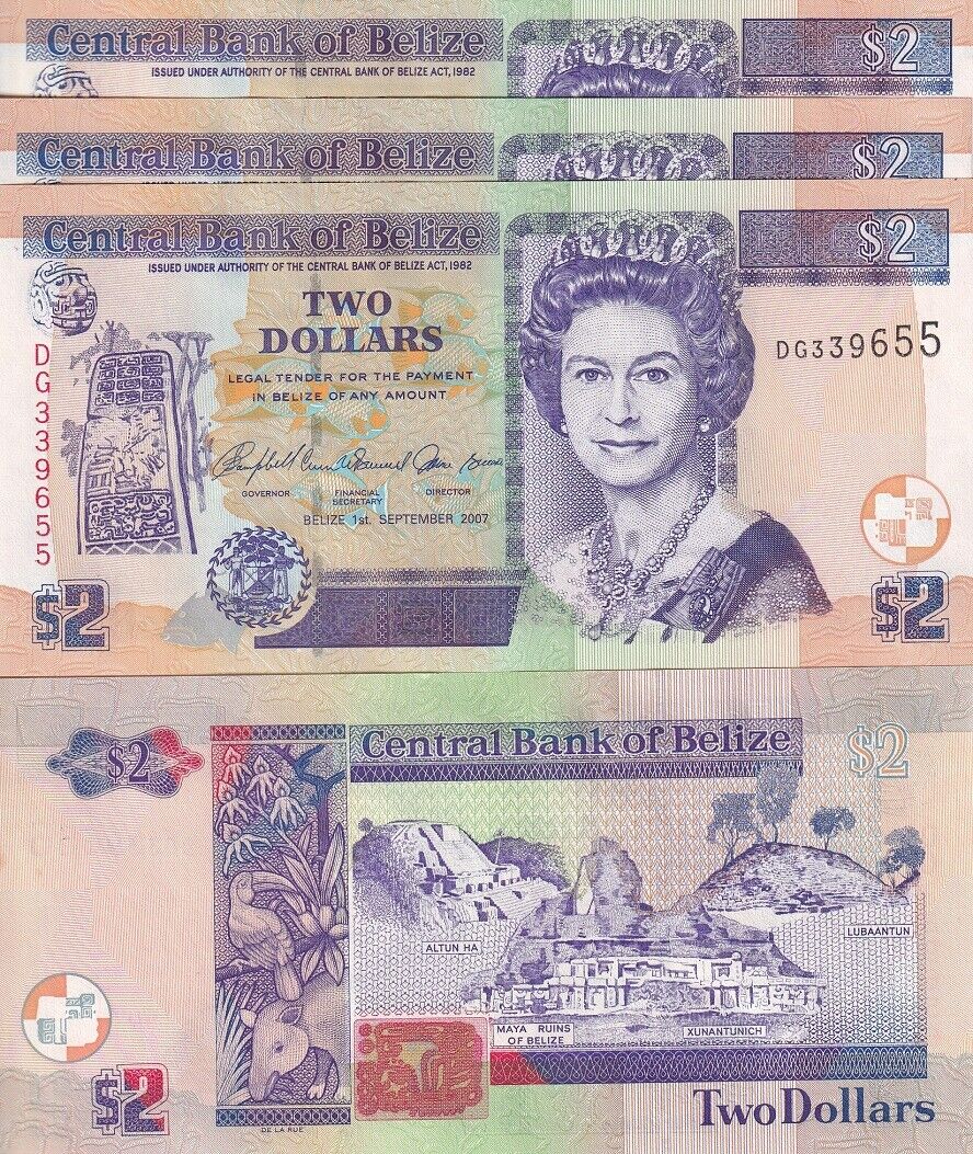 Belize 2 Dollars 2007 P 66 UNC Lot 3 PCS