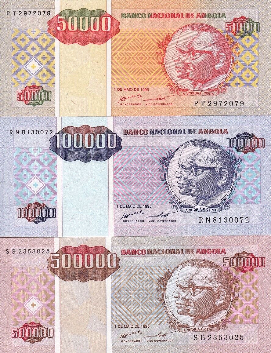Angola Set 3 Pcs 50000 100000 500000 Kwanzas 1995 P 138 139 140 UNC