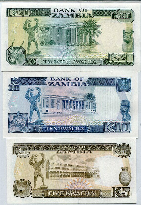 Zambia Set 3 UNC 5 10 20 Kwacha 1986-1989 P 30 31 32