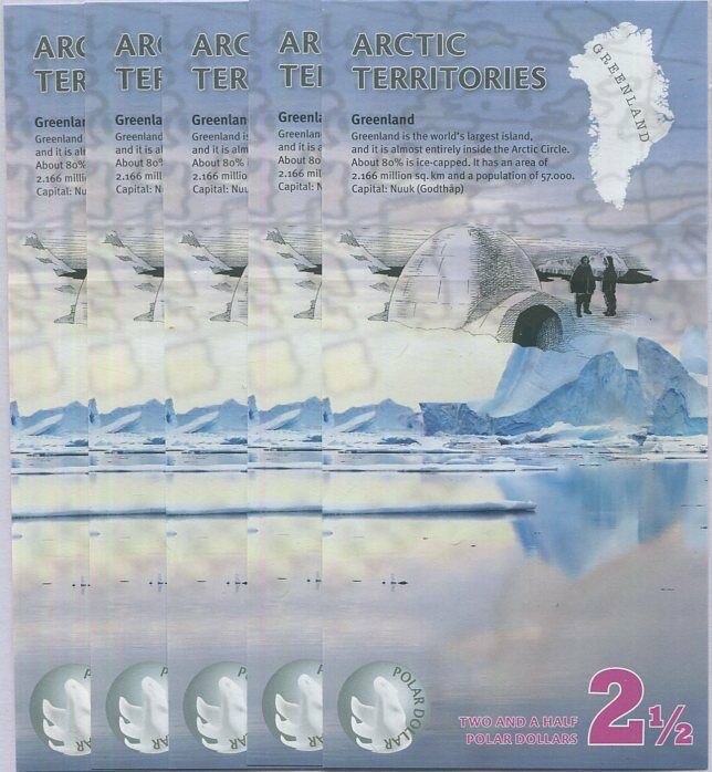 Arctic Territories 2.5 Dollar 2013 Polymer Polar Bear UNC LOT 5 PCS