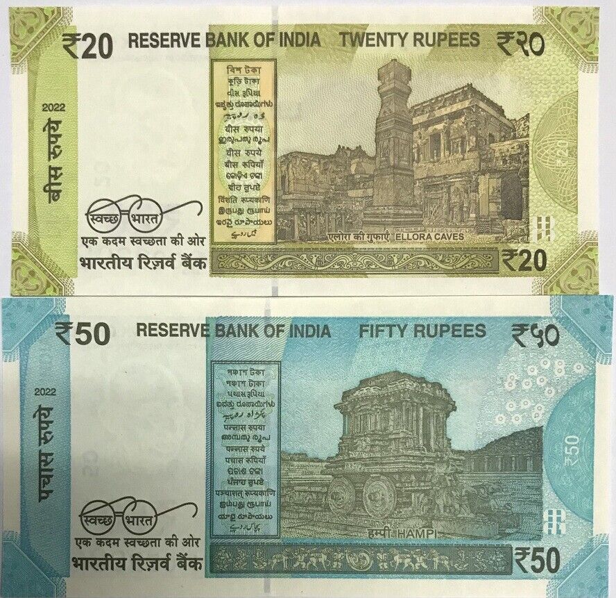India Set 2 pcs 20 50 Rupees 2022 P 110 P 111 UNC