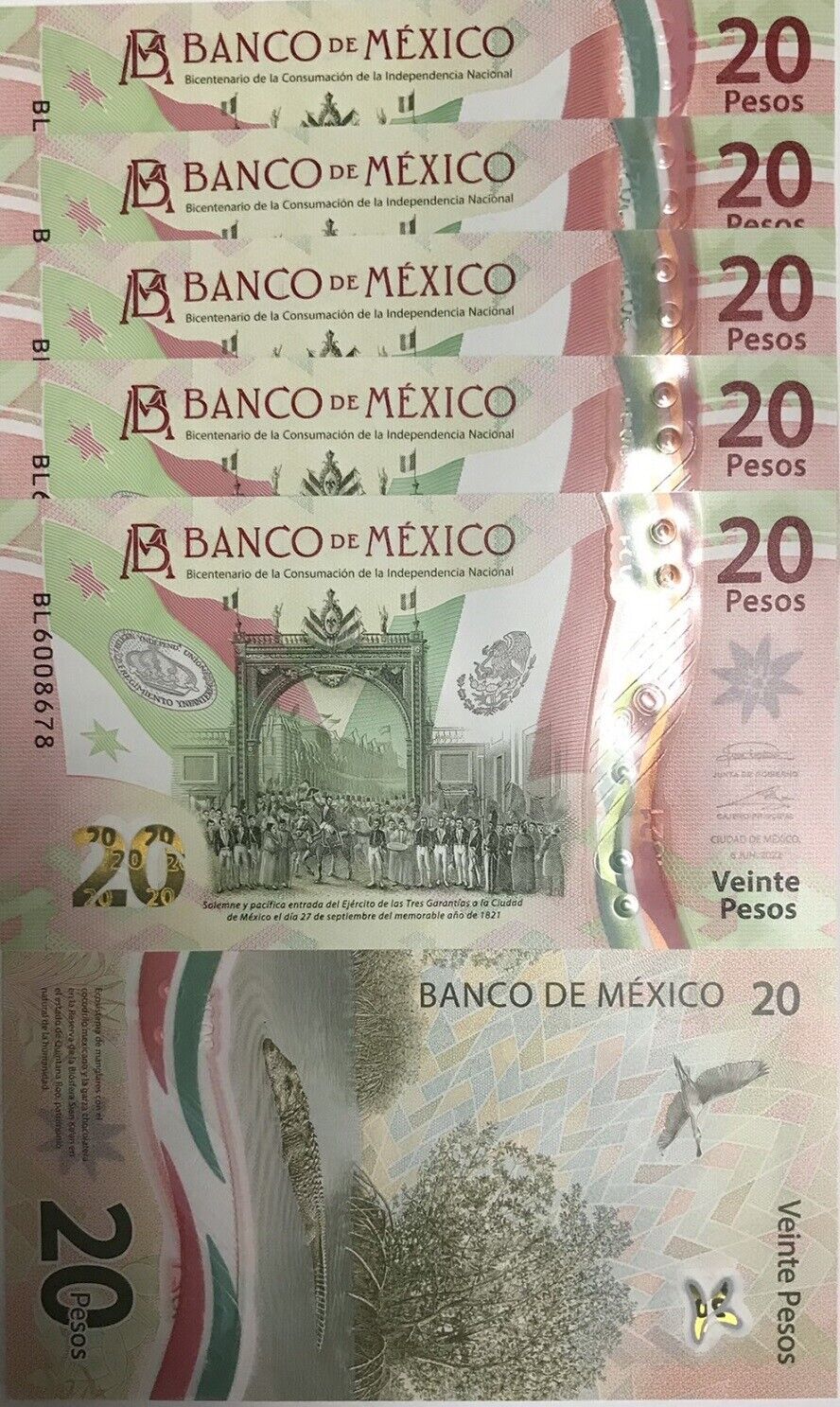 Mexico 20 Pesos 2022-2023 Random Series, Date & Signature P 132 UNC LOT 5 PCS
