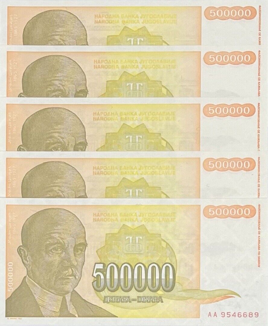 Yugoslavia 500000 Dinara 1994 P 143 AUnc LOT 5 PCS