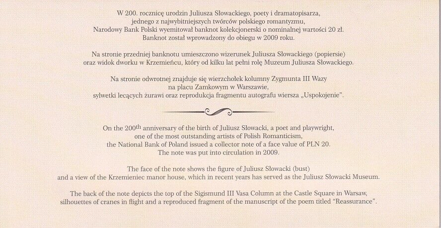 Poland 20 Zlotych 2009 COMM. P 180 a UNC With Folder