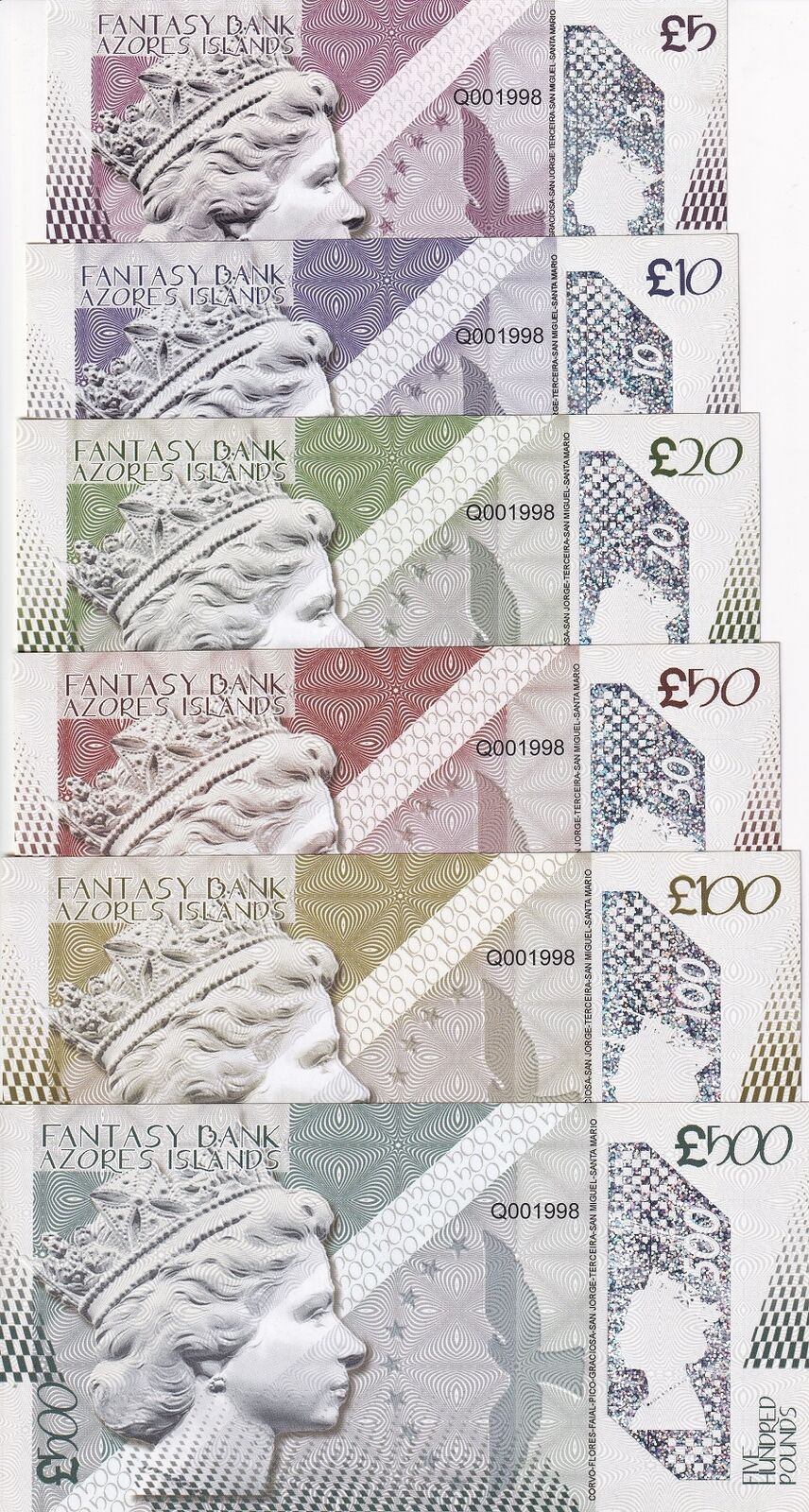 Azores Island Set 6; 5 10 20 50 100 500 Pounds 2019 SETE CIDADES PICO GORREANA