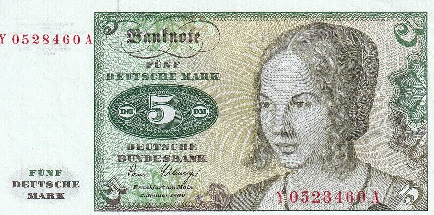 Germany 5 Deutsche Mark 1980 P 30 b* Replacement AUnc