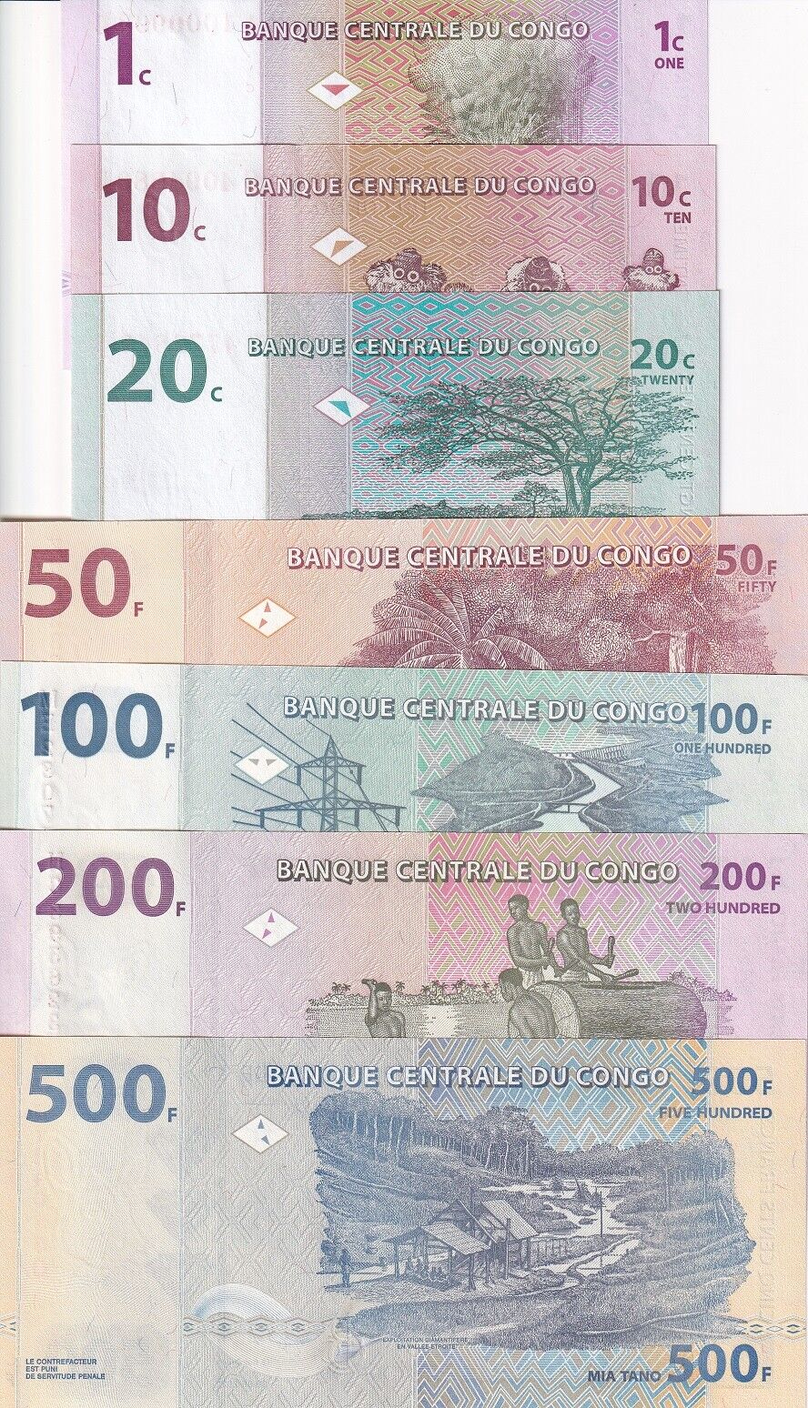 Congo Set 7 Pcs 1 10 20 Centime 50 100-500 Francs 1997-2020 P 80 81 83 97-99 UNC