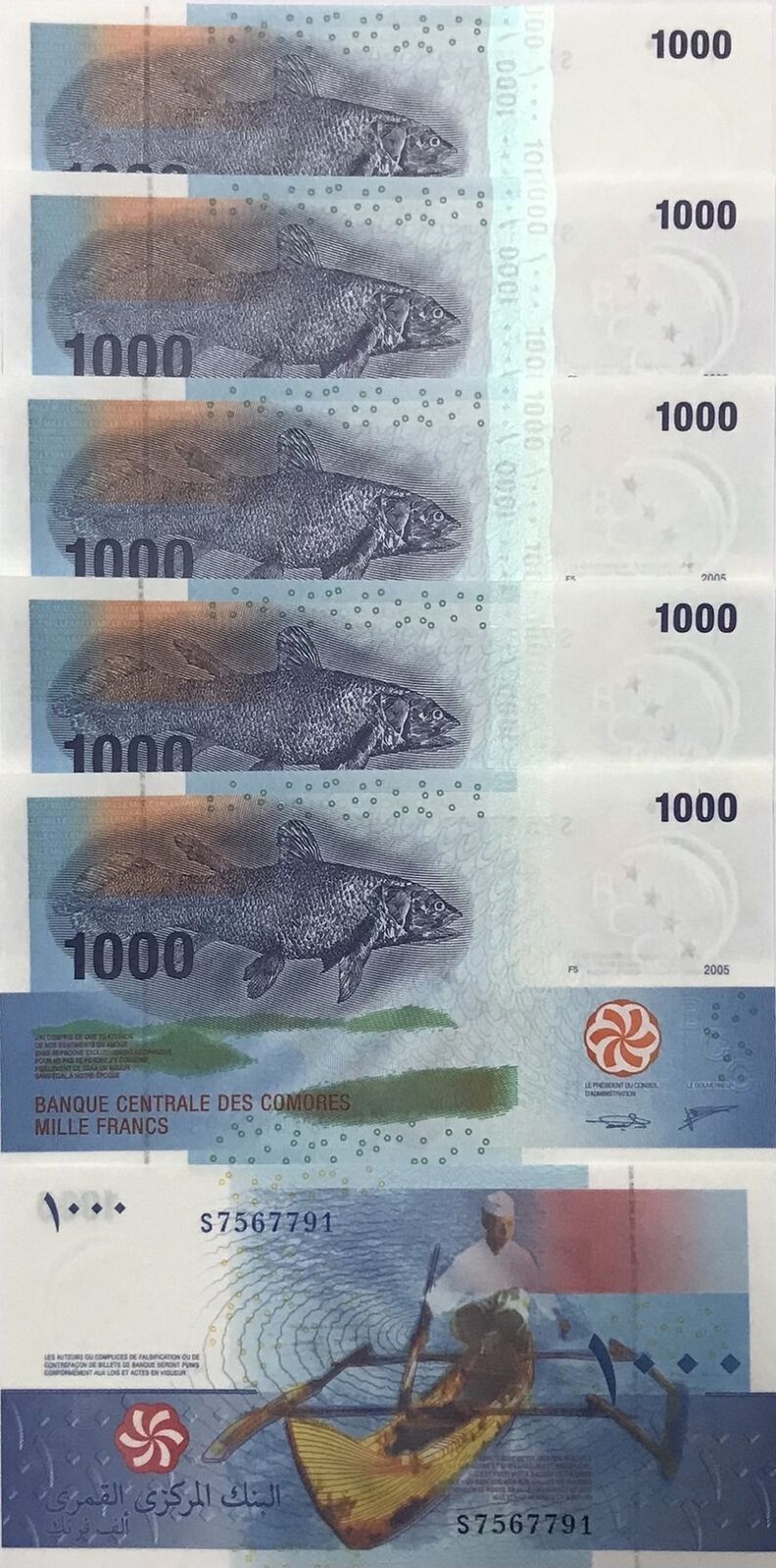 Comoros 1000 Francs 2005 P 16 c Series S UNC LOT 5 PCS