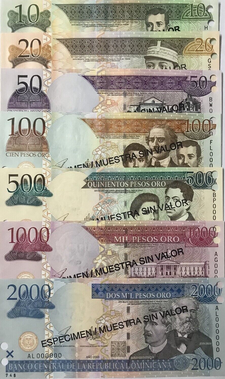 Dominican Set 7 PCS 10 20 50 - 2000 Pesos 2003 P 168 P 169 - P 174 SPECIMEN UNC