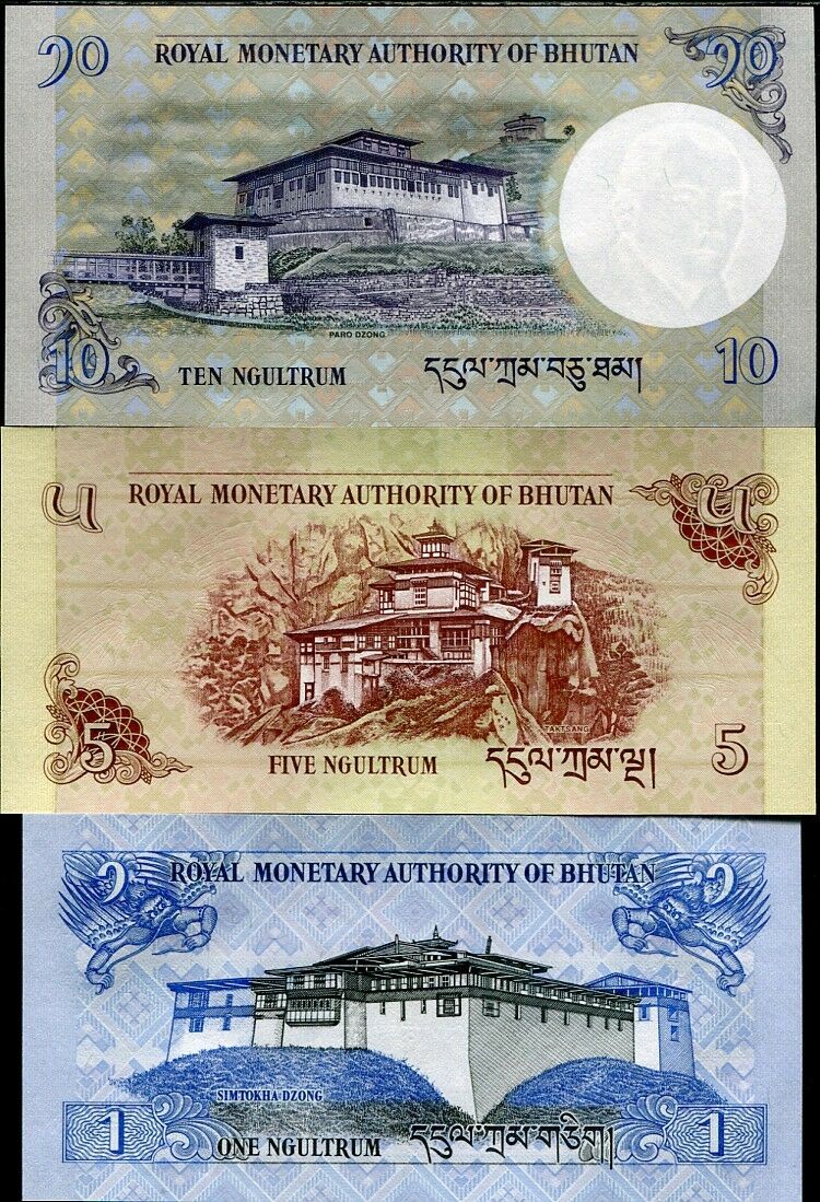 BHUTAN SET 3 PCS 1 5 10 NGULTRUM RANDOM YEAR P 27 28 29 UNC