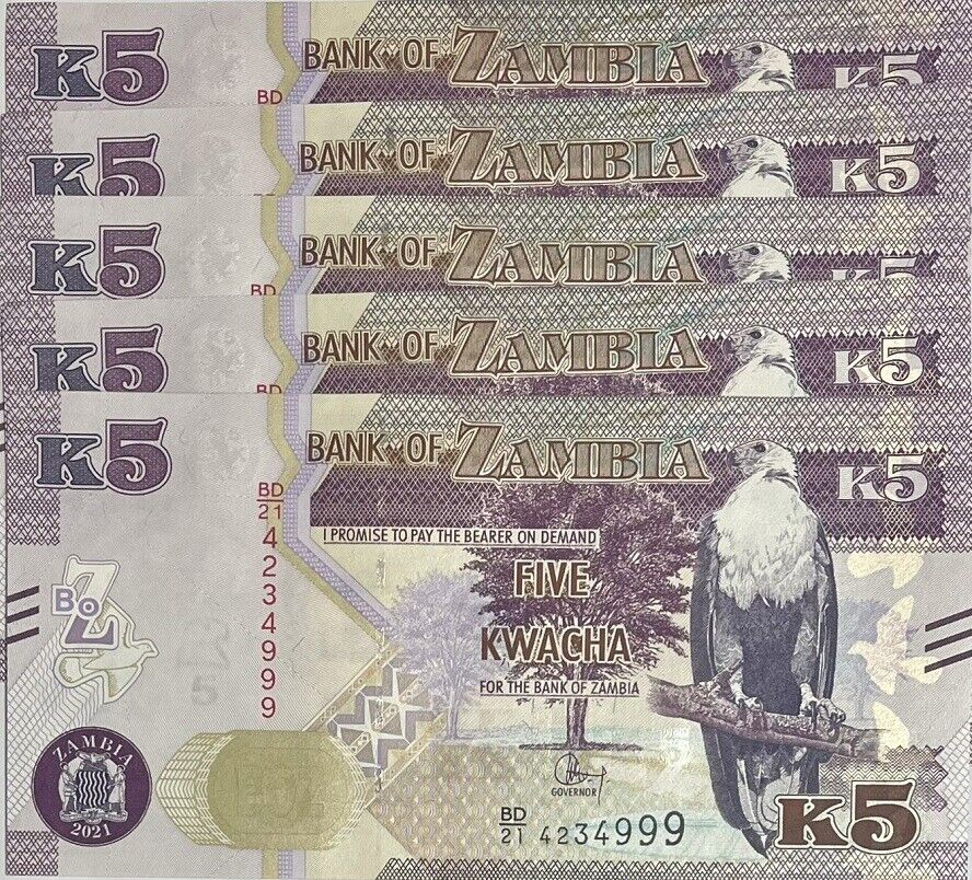 Zambia 5 Kwacha 2021 New Sing P 57 UNC LOT 5 PCS