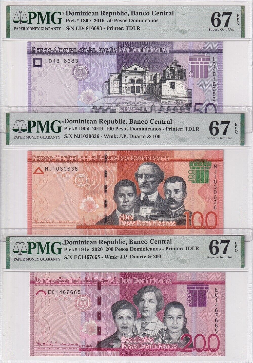 Dominican Set 6; 50-200 500-2000 Pesos 2016-21 P189- 194 Superb Gem UNC PMG 67