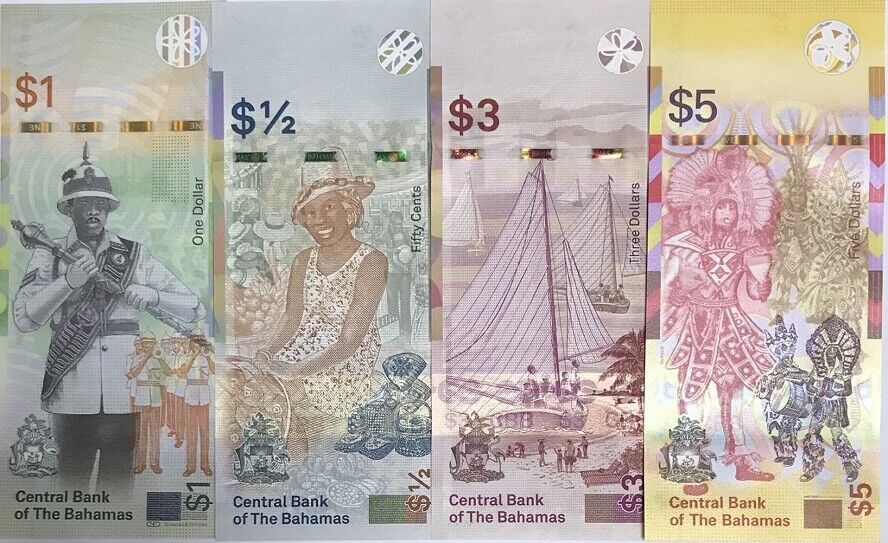 Bahamas Set 4 Pcs 1/2 1 3 5 Dollar 2017 2020 P A77 P 77 P 78 P 78A UNC