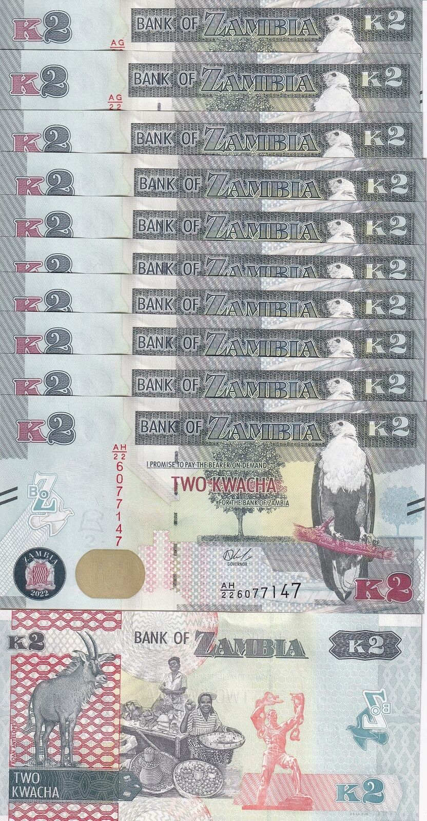 Zambia 2 Kwacha 2022 P 56 UNC LOT 10 PCS